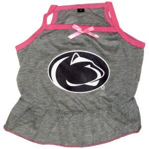 gray pet dress with Penn State Athletic Logo, pink trim and bow